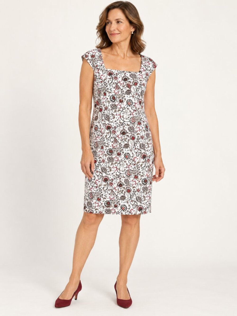cleo White Floral Sheath Dress with Brown and Red Motifs